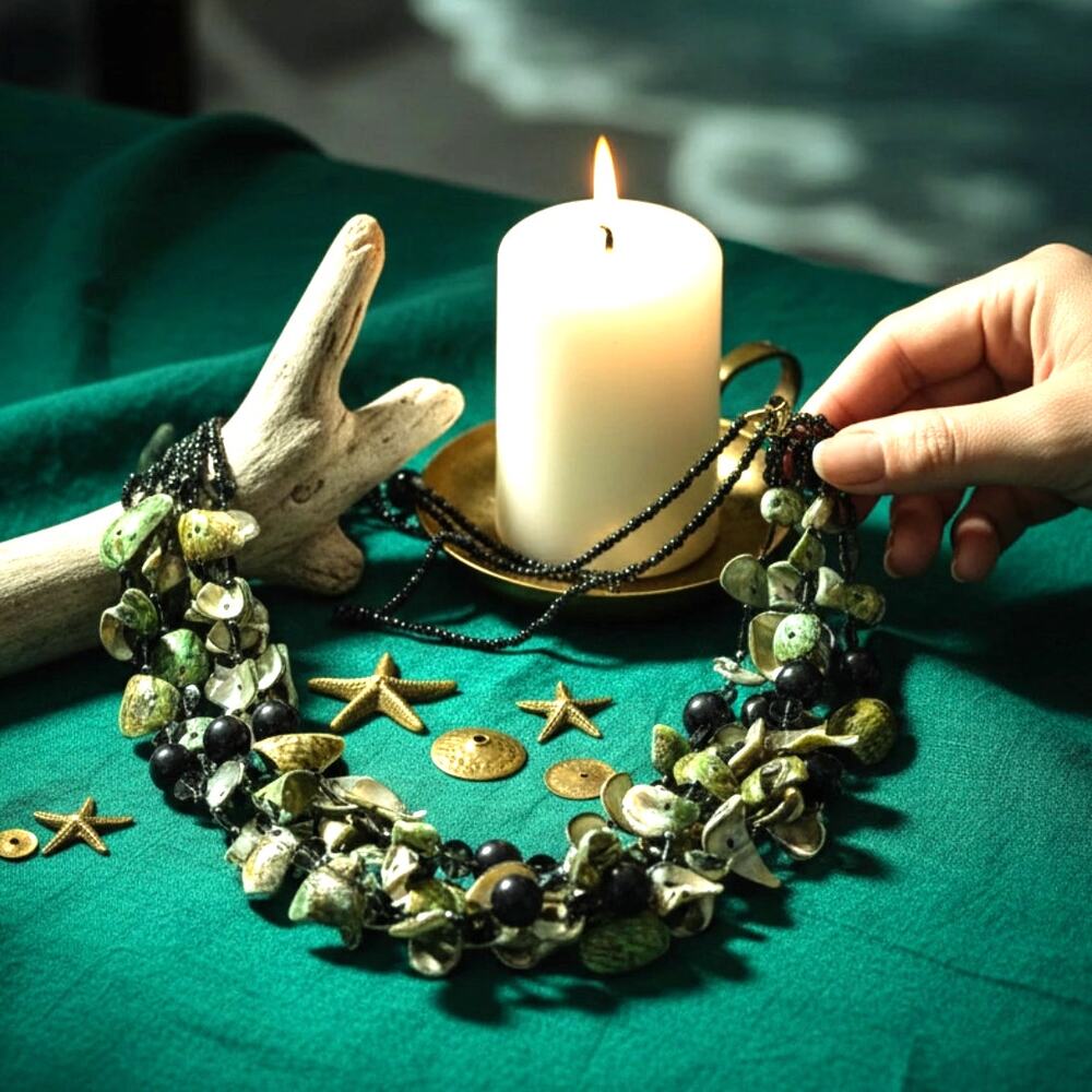 Vintage Green Shell Multi-Strand Statement Necklace - Midnight Tide